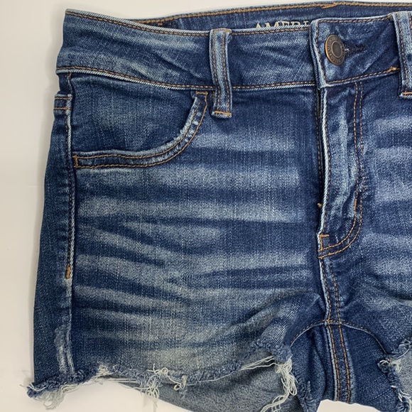 AEO | Dark Denim Jegging Cut Off Distressed Short Shorts | Frayed Cowgirl Fit 4 - Picture 2 of 9